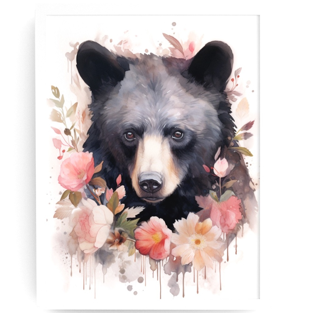 Watercolor Floral Black Bear Portrait Wall Art Illustration Print Unframed